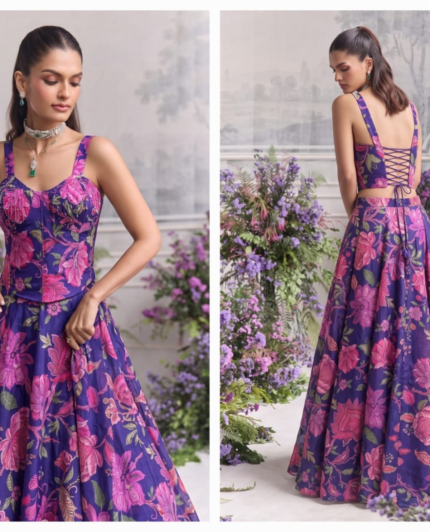 BLUE - Blue Floral Tabby Organza Party Wear Lehenga Set